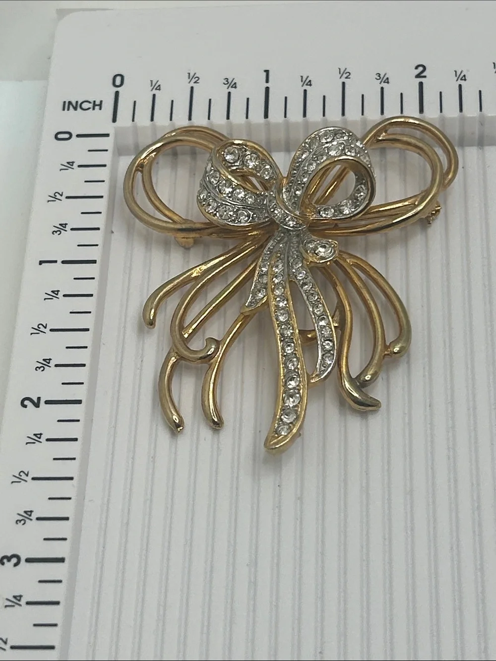 Gold and Silver Ribbon Bow Brooch with Crystals